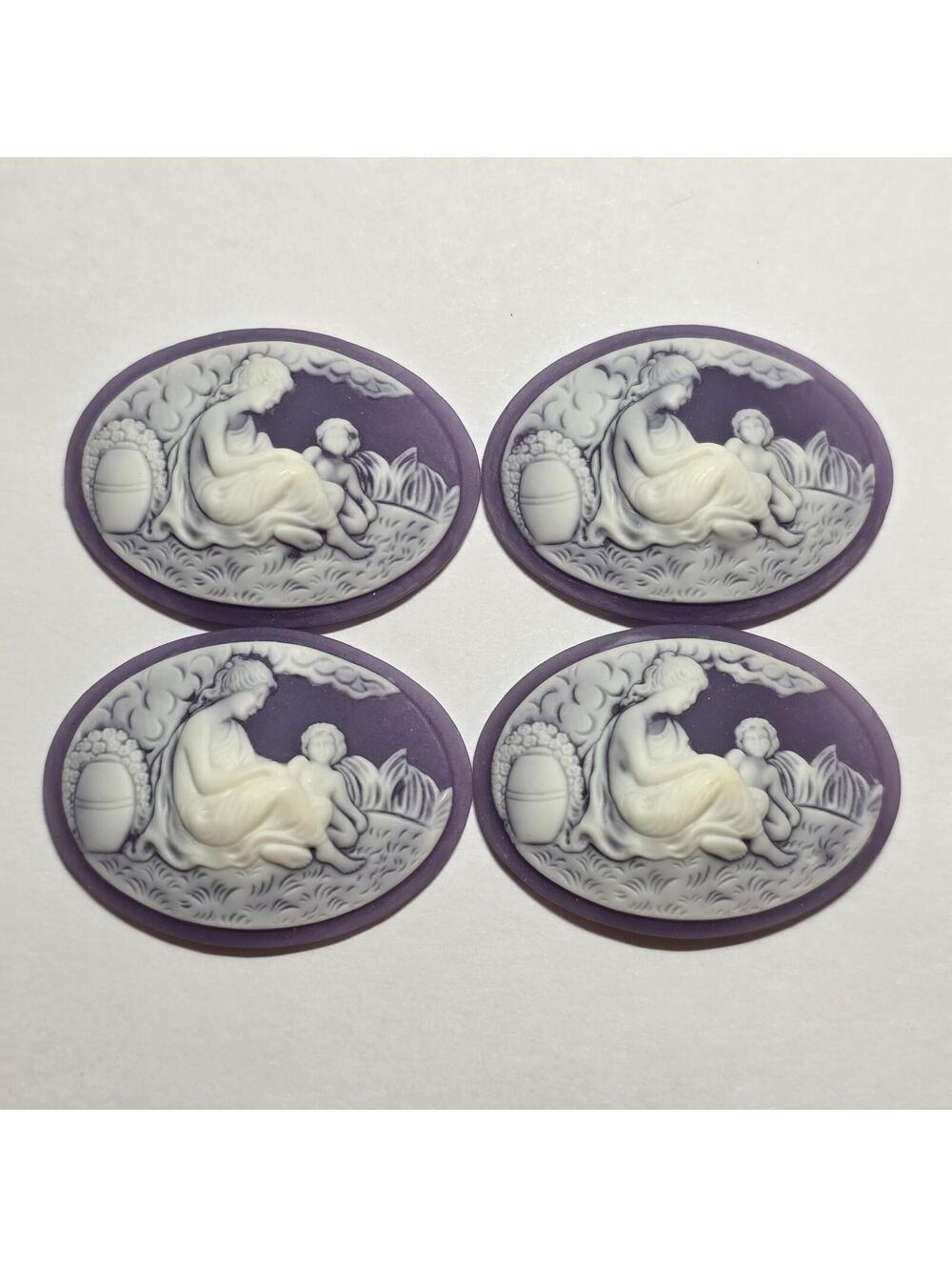 Lot of 4 Vintage Style Victorian Lady Cameo Cabochons Purple White Resin EUC
